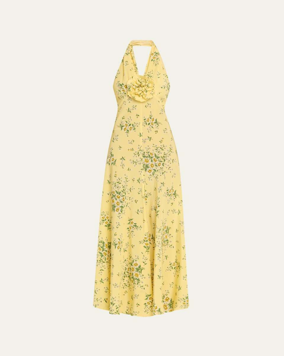 Floral Print Silk Halter Dress with Flower Pin